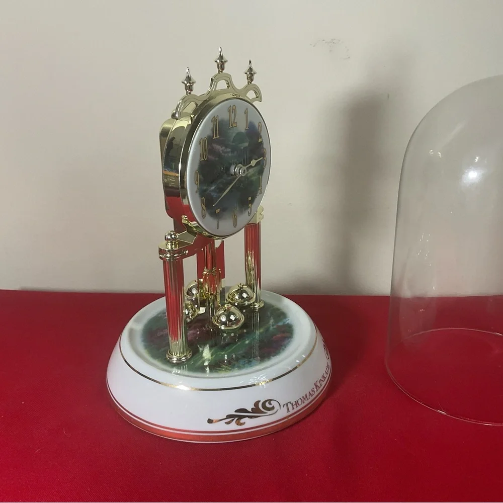 Thomas Kinkade Morning Glory Cottage Clock Glass Dome Spinning Pendulum Working.